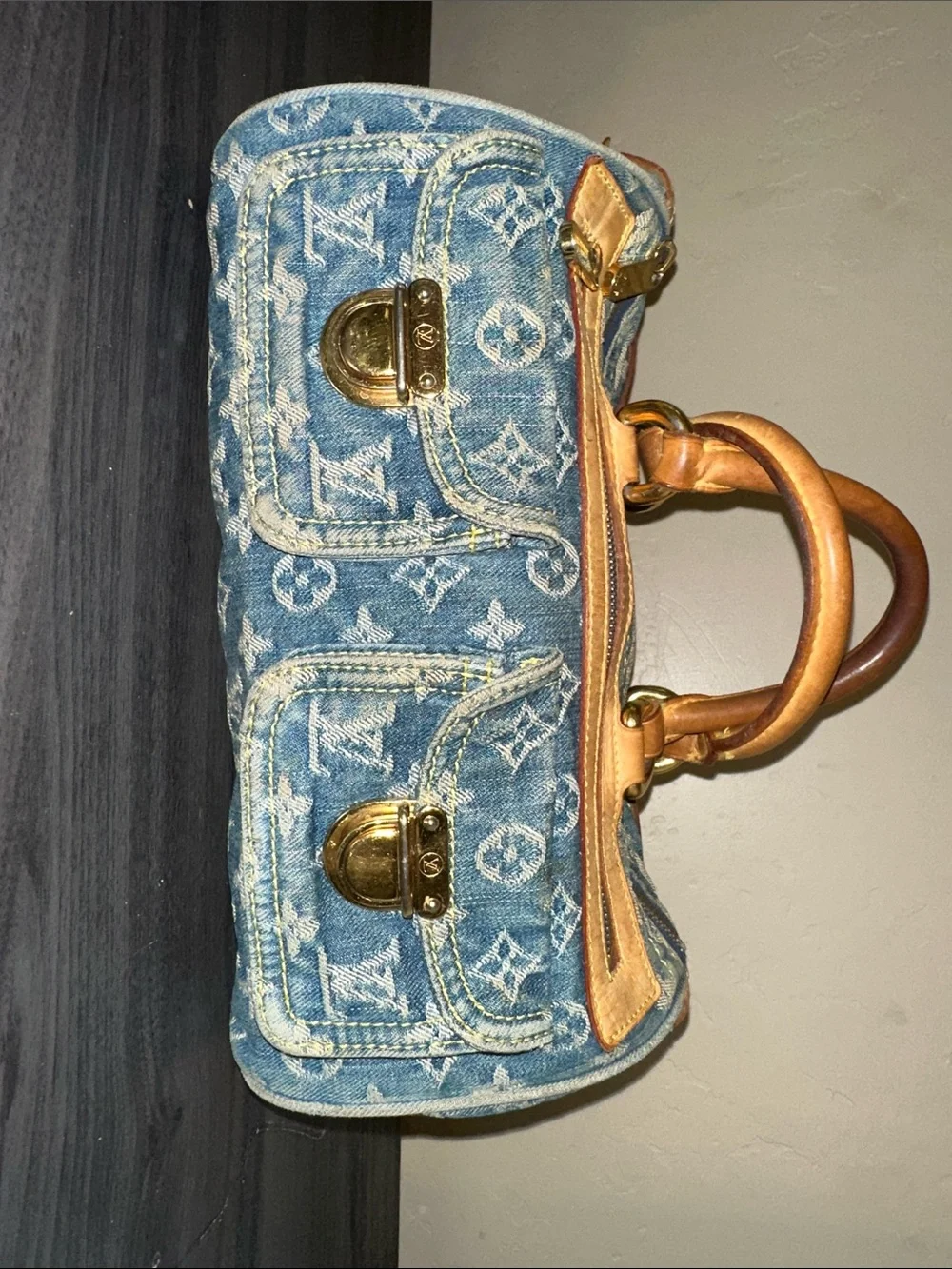 Louis Vuitton Blue Denim Speedy Monogram Satchel with Tan Leather Trim - Picture 13 of 13